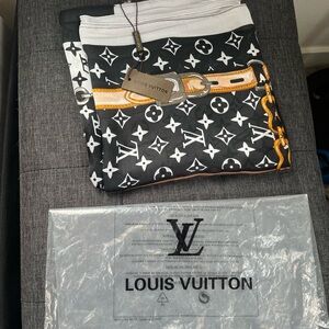 Louis Vuitton Black White and Gold Monogram Silk Scarf